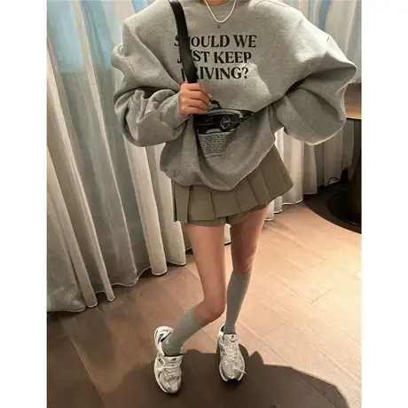 2023春秋季新款美式复古字母印花圆领慵懒风垫肩长袖套头卫衣女潮商品大图