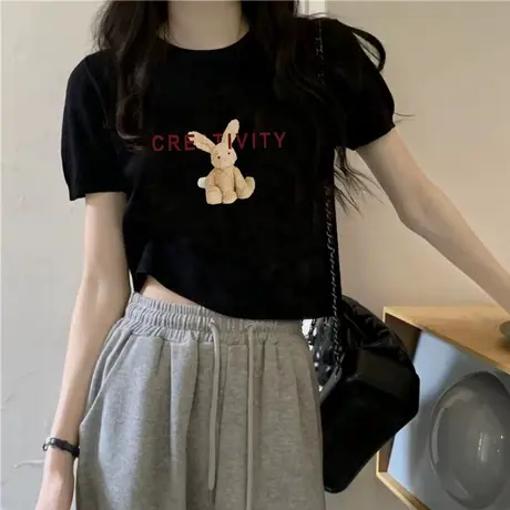 正肩短袖t恤女ins夏季2023年新款宽松显瘦辣妹短款设计感纯欲上衣图片