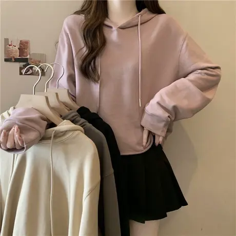 纯色简约连帽卫衣女纯棉宽松显瘦百搭短款小个子卷边下摆上衣潮牌图片
