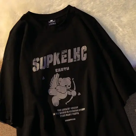 胖mm欧美ins潮T恤女夏季宽松短袖hiphop黑色嘻哈大码女装短袖上衣图片