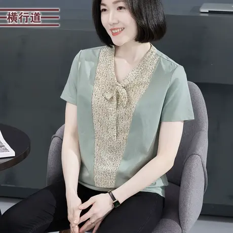 2025新款夏装简约淑女丝巾领雪纺拼短袖T恤女装大码休闲外穿上衣商品大图