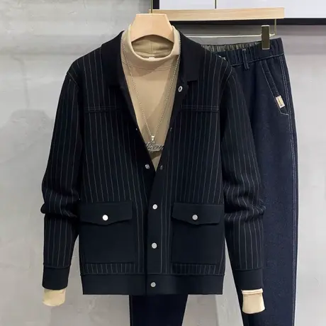 日系条纹针织衫开衫男士春秋季新款韩版商务休闲毛衣通勤外穿外套商品大图