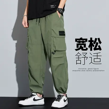 春季春秋款军绿色防水速干工装休闲裤男士抽绳束脚裤男裤子阔腿裤商品大图