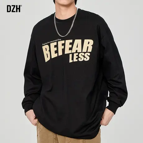 男士黑色纯棉长袖t恤男潮牌秋季圆领打底上衣男装2023年新款衣服商品大图