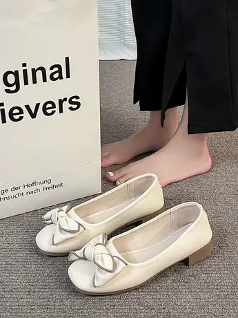 小香风浅口平底单鞋女2023年春秋新款法式蝴蝶结配裙子粗跟豆豆鞋商品大图