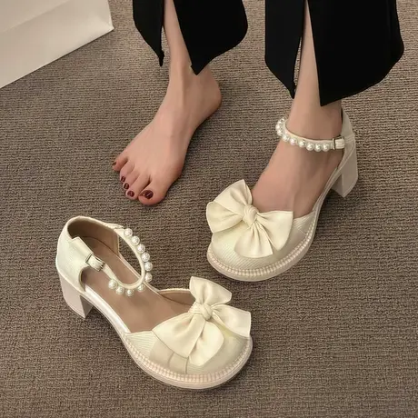 粗跟凉鞋女2023年春夏季新款单鞋百搭复古蝴蝶结珍珠玛丽珍小皮鞋图片
