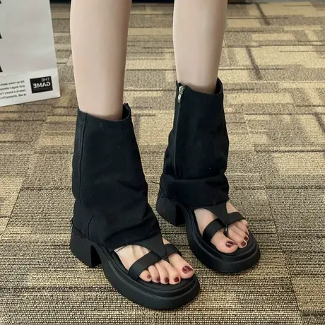 凉靴女2023夏季新款小个子粗跟增高夹趾罗马鞋设计感小众复古凉鞋商品大图