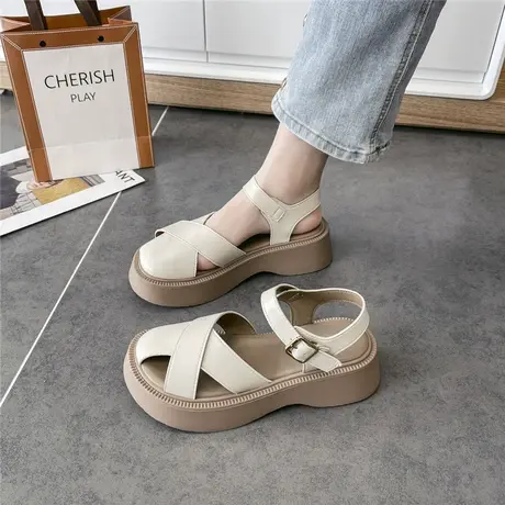 罗马凉鞋女夏季外穿2024年新款网红超火厚底中跟包头镂空沙滩鞋子商品大图