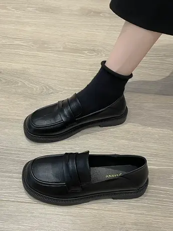 小皮鞋英伦风单鞋女2023春季新款平底乐福鞋百搭黑色工作鞋一脚蹬商品大图