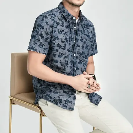 格慕施纯棉印花男士短袖衬衫夏季休闲大码宽松加肥舒适衬衣男装潮图片
