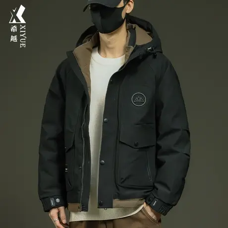 希越保暖白鸭绒短款羽绒服男2023秋冬季宽松大码男士工装连帽外套商品大图