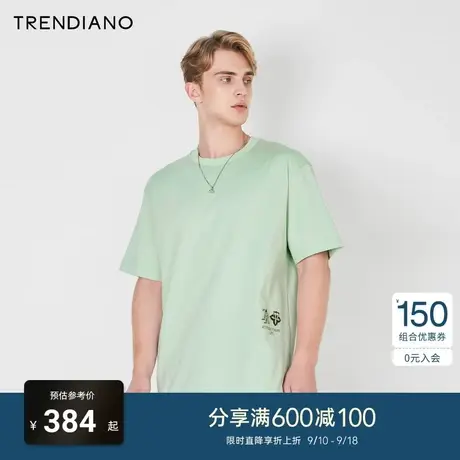 TRENDIANO短袖圆领t恤2023夏季新款丝光棉立体压花宽松体恤男装商品大图