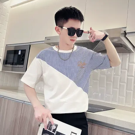 高级感拼接T恤男夏季半截袖男装上衣2023新款半截袖时尚夏季短袖t商品大图