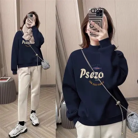 冬季小个子炸街卫衣女胖mm大码半高领上衣ins慵懒风加绒长袖外套图片