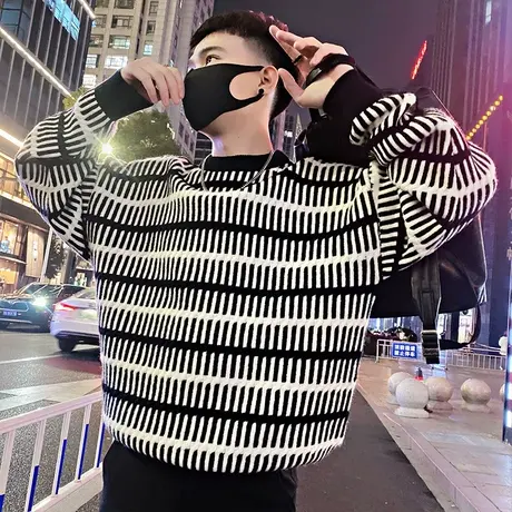 高级感撞色条纹针织毛衣男冬季2023新款宽松保暖轻熟休闲内搭线衣商品大图