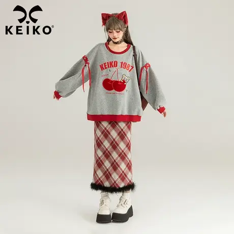KEIKO [重工刺绣]美式学院灰色卫衣24春季设计感樱桃图案宽松上衣图片