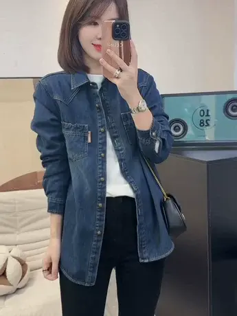 加绒牛仔衬衫女2023秋冬新款网红爆款显瘦上衣设计感加厚内搭衬衣图片