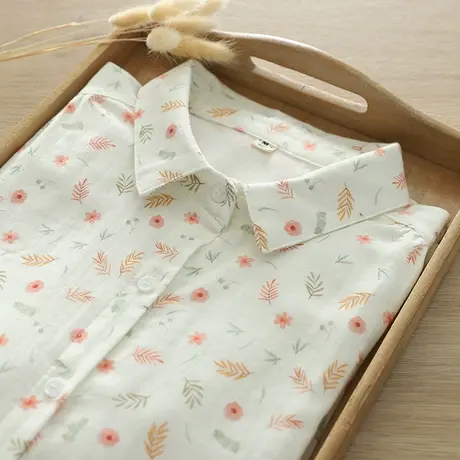 春秋季韩版文艺小清新碎花双层纱纯棉长袖衬衫女学生百搭打底上衣图片