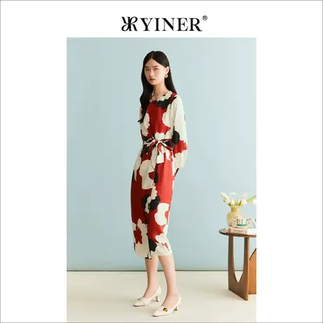 YINER音儿女装冬款时尚艺术印花系带收腰羊毛蚕丝混纺连衣裙商品大图