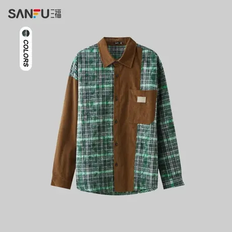 三福2024春季男士格子拼接长衬衫 日系户外野营翻领上衣482248图片