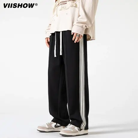 VIISHOW条纹休闲裤男士美式运动宽松卫裤高街男潮牌针织阔腿长裤商品大图