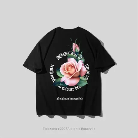 Ohlyah青少年潮牌烫印字母绿叶粉玫瑰花圆圈字纯棉短袖T恤男情侣图片