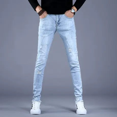 2023男士破洞乞丐牛仔裤男潮牌秋款男款新款休闲小脚裤子韩版修身图片