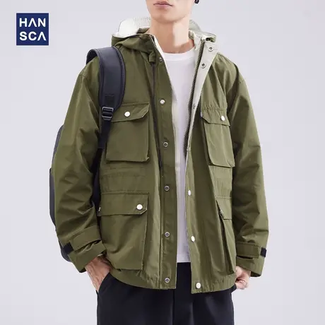 hansca连帽工装外套男秋冬机能多口袋户外宽松休闲运动冲锋衣夹克商品大图