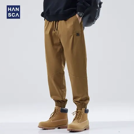 hansca卡其色工装裤休闲男重磅日系潮牌宽松束脚简约运动大码长裤商品大图