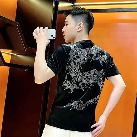 短袖T恤男士2024龙年新款金丝绒加大码本命年中国龙烫钻长袖卫衣商品大图