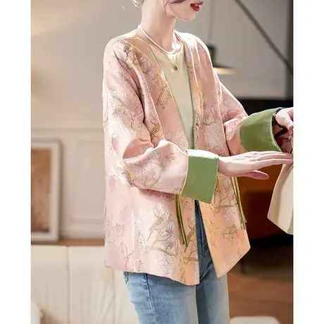 宝诗黎国风盘扣提花短款外套2024春季新中式气质宽松百搭女装上衣商品大图