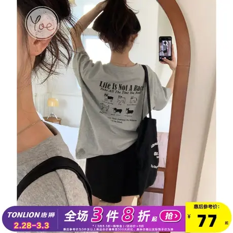 yoe短袖t恤女上衣灰色美式复古2024年夏季新款小狗印花网红慵懒风商品大图