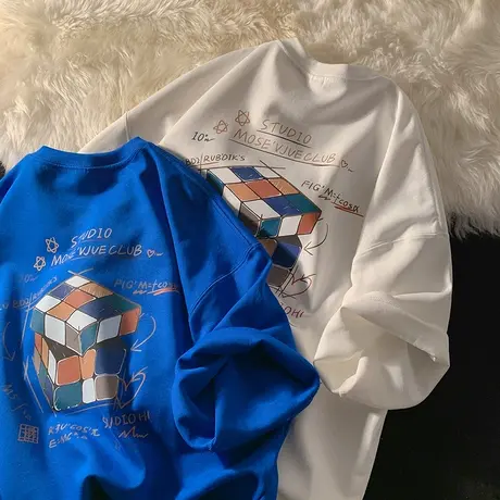 纯棉百搭休闲男士短袖t恤夏季圆领魔方印花半袖潮流港风上衣体恤商品大图