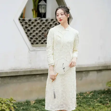 素飞新中式旗袍改良拉花蕾丝连衣裙复古盘扣年轻款日常长裙茶服女商品大图
