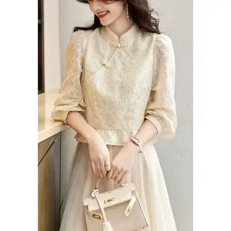 时尚气质中国风衬衫2023年春季新款淑女盘扣甜美立领显瘦长袖上衣商品大图