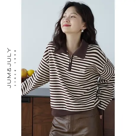 嘉茱莉2023秋季新款撞色条纹卫衣外套女短款宽松套头卫衣翻领上衣商品大图