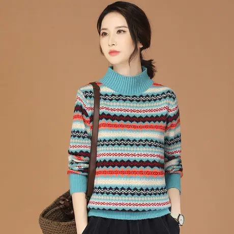 韩潮袭人民族风半高领条纹长袖毛衣女2023冬新款休闲套头针织衫厚商品大图