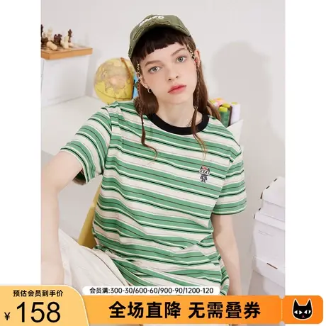 a02原创设计潮牌女装夏季新款条纹印花短袖宽松圆领T恤女上衣图片