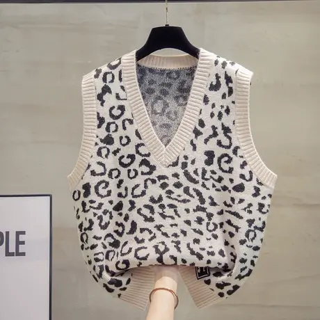 豹纹v领针织马甲背心女2023春秋新款宽松马甲外穿上衣毛衣坎肩潮商品大图