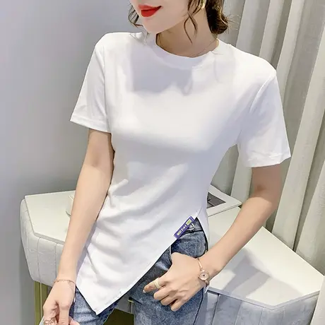 白色T恤女短袖夏装不规则开叉上衣洋气收腰显瘦丅恤半袖ins网红潮图片
