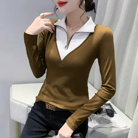 设计感撞色长袖T恤女装洋气拉链高领打底衫春秋内搭修身上衣小众商品大图
