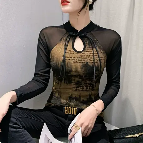 欧货性感镂空长袖T恤女2023秋季新款洋气网纱拼接上衣修身打底衫商品大图