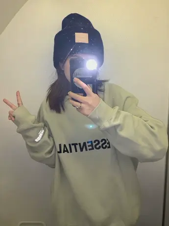 豆绿色卫衣女秋冬2023新款欧货圆领宽松中长款遮屁股加绒加厚外套商品大图