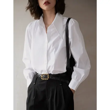 弥古白色尖领衬衫女法式泡泡袖衬衣秋季灯笼袖气质上衣小众设计感图片