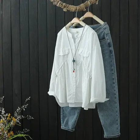 设计感小众休闲气质抽绳纯棉衬衫女上衣春秋2022新款圆领长袖衬衣图片