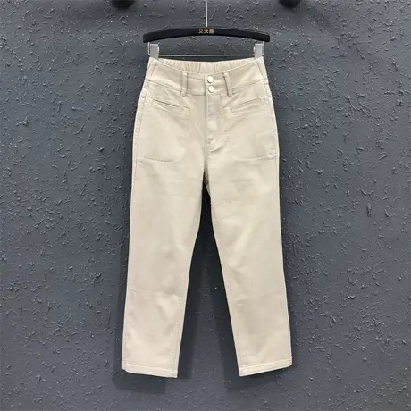 2023秋季新款卡其色宽松显瘦牛仔直筒裤女高腰显瘦弹力百搭烟管裤图片