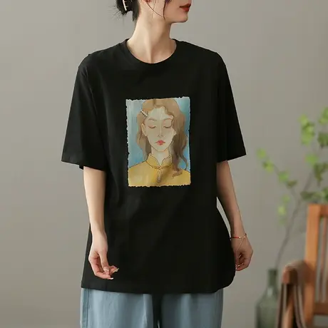 dza文艺复古纯棉短袖T恤女2023夏季圆领短款体恤气质漂亮打底上衣商品大图
