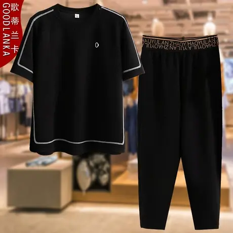 夏季中年妈妈短袖T恤两件套洋气新款大码宽松时尚减龄休闲套装女图片