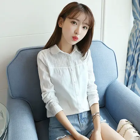 韩版纯棉条纹拼接翻领衬衫2020春装新款学生百搭文艺打底白衬衣女图片