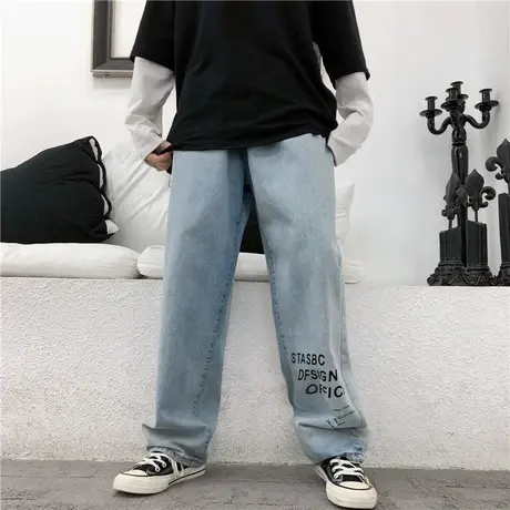 老爹牛仔裤女2019新款宽松学生百搭高腰直筒显瘦小个子泫雅阔腿裤图片